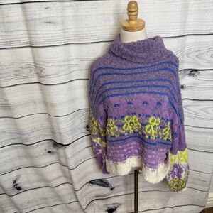 Soft purple cowl neck sweater, green abstract print